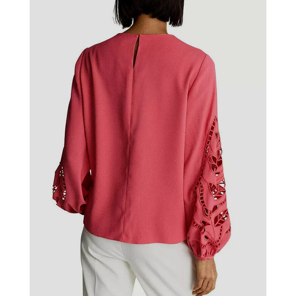 Reiss Belle Laser Cutout Blouse Size 4 Coral Pink Rose Keyhole Long Sleeve Top - Picture 7 of 12